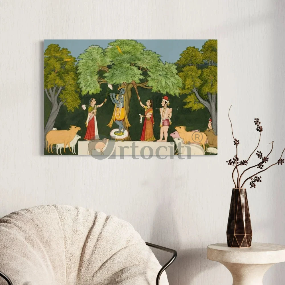 Krishna Entertaining Companions Pichwai Art Canvas Giclee Painting(Krishna Entertaining His Companions Pichwai Art Painting Krishna Playing Flute Canvas Giclee Painting) 5 Krishna Entertaining Companions Pichwai Art Canvas Giclee Painting(Krishna Entertaining His Companions Pichwai Art Painting Krishna Playing Flute Canvas Giclee Painting) - Image 3