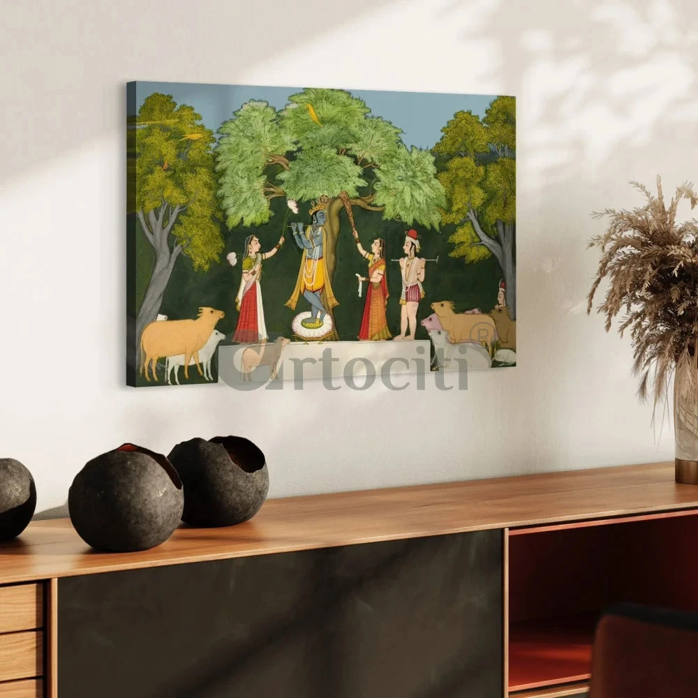 Krishna Entertaining Companions Pichwai Art Canvas Giclee Painting(Krishna Entertaining His Companions Pichwai Art Painting Krishna Playing Flute Canvas Giclee Painting) 7 Krishna Entertaining Companions Pichwai Art Canvas Giclee Painting(Krishna Entertaining His Companions Pichwai Art Painting Krishna Playing Flute Canvas Giclee Painting) - Image 5