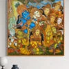 Krishna With Gopikas | Traditional Kerala Mural Canvas Painting(Krishna With Gopikas Traditional Kerala Mural Canvas Painting) -Artociti Sale Store krishna with gopikas traditional kerala mural canvas painting 32x32 inch 337