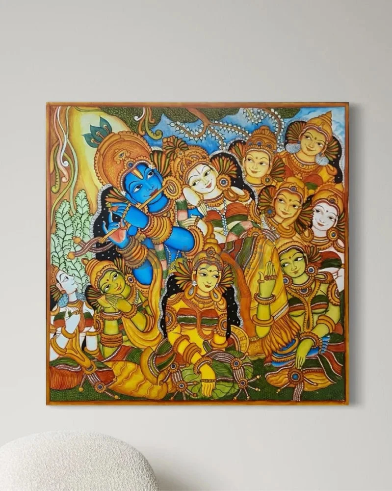 Krishna With Gopikas | Traditional Kerala Mural Canvas Painting(Krishna With Gopikas Traditional Kerala Mural Canvas Painting) 4 Krishna With Gopikas | Traditional Kerala Mural Canvas Painting(Krishna With Gopikas Traditional Kerala Mural Canvas Painting) - Image 2
