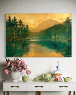 Lakeside Mountain And Sunrise Landscape Modern Abstract Canvas Painting(Lakeside Mountain And Sunrise Landscape Modern Abstract Canvas Painting) -Artociti Sale Store lakeside mountain and sunrise landscape modern abstract canvas painting 30x20 inch 338