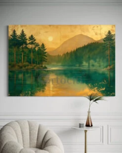 Lakeside Mountain And Sunrise Landscape Modern Abstract Canvas Painting(Lakeside Mountain And Sunrise Landscape Modern Abstract Canvas Painting) -Artociti Sale Store lakeside mountain and sunrise landscape modern abstract canvas painting 48x32 inch 468