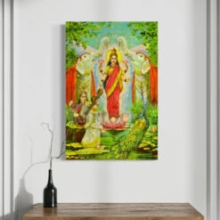 Lakshmi Saraswati By Raja Ravi Varma Famous Canvas Painting(Lakshmi Saraswati Sanyog By Raja Ravi Varma Famous Canvas Painting)