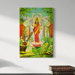 Lakshmi Saraswati By Raja Ravi Varma Famous Canvas Painting(Lakshmi Saraswati Sanyog By Raja Ravi Varma Famous Canvas Painting) -Artociti Sale Store lakshmi saraswati by raja ravi varma famous canvas painting 30x20 inch 138
