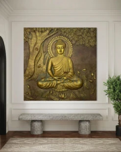 Large Size Buddha Under Tree 3D Relief Mural(Copy Of Large Size Buddha Under Tree 3d Relief Mural In Bronze Golden In Size 6x6 Feet) -Artociti Sale Store large size buddha under tree 3d relief mural 945