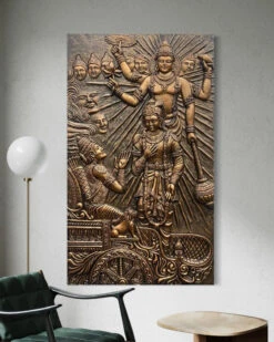 Lord Krishna's Gita Updesh To Arjun 3D Relief Mural Wall Art(5x3 Feet Lord Krishnas Gita Updesh To Arjun 3d Relief Mural Wall Art Majestic Bronze Golden Masterpiece) -Artociti Sale Store lord krishnas gita updesh to arjun 3d relief mural wall art 169