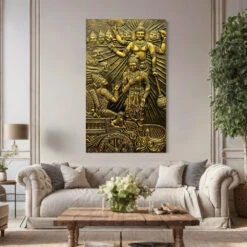 Lord Krishna's Gita Updesh To Arjun 3D Relief Mural Wall Art(5x3 Feet Lord Krishnas Gita Updesh To Arjun 3d Relief Mural Wall Art Majestic Bronze Golden Masterpiece) -Artociti Sale Store lord krishnas gita updesh to arjun 3d relief mural wall art 202