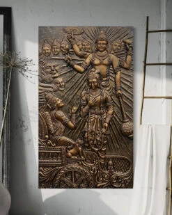 Lord Krishna's Gita Updesh To Arjun 3D Relief Mural Wall Art(5x3 Feet Lord Krishnas Gita Updesh To Arjun 3d Relief Mural Wall Art Majestic Bronze Golden Masterpiece) -Artociti Sale Store lord krishnas gita updesh to arjun 3d relief mural wall art 5x3 feet unframe bronze 871