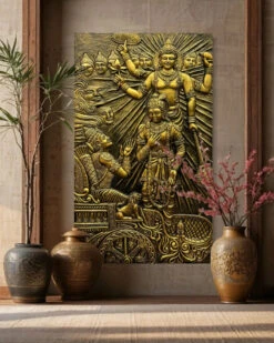 Lord Krishna's Gita Updesh To Arjun 3D Relief Mural Wall Art(5x3 Feet Lord Krishnas Gita Updesh To Arjun 3d Relief Mural Wall Art Majestic Bronze Golden Masterpiece) -Artociti Sale Store lord krishnas gita updesh to arjun 3d relief mural wall art 5x3 feet unframe gold 484