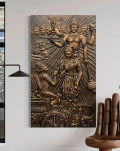 Lord Krishna's Gita Updesh To Arjun 3D Relief Mural Wall Art(5x3 Feet Lord Krishnas Gita Updesh To Arjun 3d Relief Mural Wall Art Majestic Bronze Golden Masterpiece) -Artociti Sale Store lord krishnas gita updesh to arjun 3d relief mural wall art 673