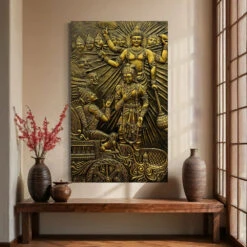 Lord Krishna's Gita Updesh To Arjun 3D Relief Mural Wall Art(5x3 Feet Lord Krishnas Gita Updesh To Arjun 3d Relief Mural Wall Art Majestic Bronze Golden Masterpiece) -Artociti Sale Store lord krishnas gita updesh to arjun 3d relief mural wall art 748