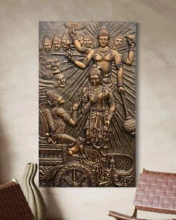 Lord Krishna's Gita Updesh To Arjun 3D Relief Mural Wall Art(5x3 Feet Lord Krishnas Gita Updesh To Arjun 3d Relief Mural Wall Art Majestic Bronze Golden Masterpiece) -Artociti Sale Store lord krishnas gita updesh to arjun 3d relief mural wall art 953