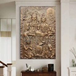 Lord Shiva Parivar 3D Relief Mural Wall Art Bronze & Golden Elegance(6x4 Feet Lord Shiv Parivar 3d Relief Mural Wall Art Bronze Golden Elegance)