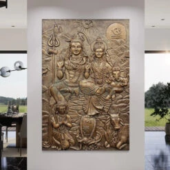 Lord Shiva Parivar 3D Relief Mural Wall Art Bronze & Golden Elegance(6x4 Feet Lord Shiv Parivar 3d Relief Mural Wall Art Bronze Golden Elegance) -Artociti Sale Store lord shiva parivar 3d relief mural wall art bronze golden elegance 6x4 feet 381
