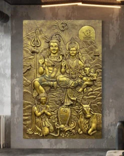 Lord Shiva Parivar 3D Relief Mural Wall Art Bronze & Golden Elegance(6x4 Feet Lord Shiv Parivar 3d Relief Mural Wall Art Bronze Golden Elegance) -Artociti Sale Store lord shiva parivar 3d relief mural wall art bronze golden elegance 6x4 feet gold 721