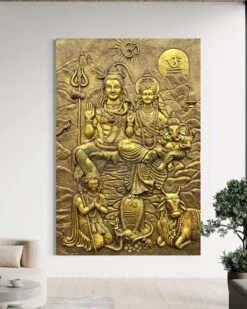Lord Shiva Parivar 3D Relief Mural Wall Art Bronze & Golden Elegance(6x4 Feet Lord Shiv Parivar 3d Relief Mural Wall Art Bronze Golden Elegance) -Artociti Sale Store lord shiva parivar 3d relief mural wall art bronze golden elegance 834
