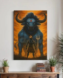 Lord Shiva With Nandi Cow Indian Ethnic Canvas Painting | Lord Shiv Facing Nandi Cow(Lord Shiva With Nandi Cow Indian Ethnic Canvas Painting Lord Shiv Facing Nandi Cow) -Artociti Sale Store lord shiva with nandi cow indian ethnic canvas painting shiv facing 30x20 inch 631