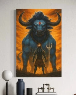 Lord Shiva With Nandi Cow Indian Ethnic Canvas Painting | Lord Shiv Facing Nandi Cow(Lord Shiva With Nandi Cow Indian Ethnic Canvas Painting Lord Shiv Facing Nandi Cow) -Artociti Sale Store lord shiva with nandi cow indian ethnic canvas painting shiv facing 48x32 inch 706