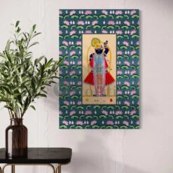 Lord Shreenath Ji Pichwai In Blue Canvas Giclee Print(Lord Shreenath Ji Pichwai In Blue Canvas Giclee Print)
