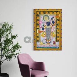 Lord Shreenath Ji Pichwai Traditional Art Canvas Giclee Print(Lord Shreenath Ji Pichwai In Yellow White Traditional Art Canvas Giclee Print Available In 24x16 And 30x20 Inches) -Artociti Sale Store lord shreenath ji pichwai traditional art canvas giclee print 24x16 inches 336