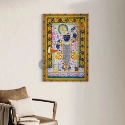 Lord Shreenath Ji Pichwai Traditional Art Canvas Giclee Print(Lord Shreenath Ji Pichwai In Yellow White Traditional Art Canvas Giclee Print Available In 24x16 And 30x20 Inches) -Artociti Sale Store lord shreenath ji pichwai traditional art canvas giclee print 258