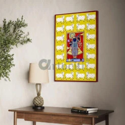 Lord Shreenathji Pichwai In Yellow Traditional Art Canvas Giclee Print(Lord Shreenath Ji Pichwai In Yellow Traditional Art Canvas Giclee Print) -Artociti Sale Store lord shreenathji pichwai in yellow traditional art canvas giclee print 30x20 inches 413