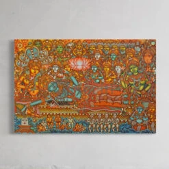 Lord Vishnu In Anantashayan Kerala Mural Canvas Print(Lord Vishnu Kerala Mural Canvas Print 380 Gsm Divine Grace) -Artociti Sale Store lord vishnu in anantashayan kerala mural canvas print 18x12 inches 912