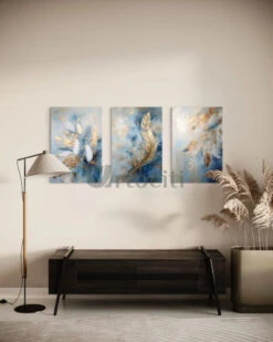Luxury Golden & Blue Feather Leaves Modern Abstract Canvas Painting(Luxary Golden Blue Feather Leaves Bliss Large Modern Abstract Canvas Painting) -Artociti Sale Store luxury golden blue feather leaves modern abstract canvas painting 236
