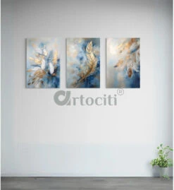 Luxury Golden & Blue Feather Leaves Modern Abstract Canvas Painting(Luxary Golden Blue Feather Leaves Bliss Large Modern Abstract Canvas Painting) -Artociti Sale Store luxury golden blue feather leaves modern abstract canvas painting 354