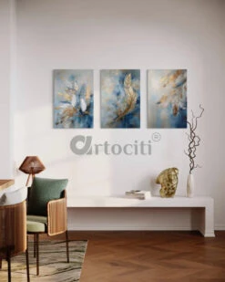 Luxury Golden & Blue Feather Leaves Modern Abstract Canvas Painting(Luxary Golden Blue Feather Leaves Bliss Large Modern Abstract Canvas Painting) -Artociti Sale Store luxury golden blue feather leaves modern abstract canvas painting 443