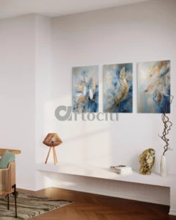 Luxury Golden & Blue Feather Leaves Modern Abstract Canvas Painting(Luxary Golden Blue Feather Leaves Bliss Large Modern Abstract Canvas Painting) -Artociti Sale Store luxury golden blue feather leaves modern abstract canvas painting 837