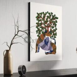 Majestic Deer With Tree Famous Canvas Painting Gond Art(Majestic Deer With Tree Canvas Print Gond Art Painting Ready To Hang) -Artociti Sale Store majestic deer with tree famous canvas painting gond art 30x20 inches 305