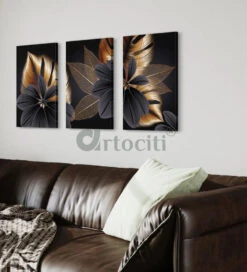 Modern Abstract Canvas Painting Golden Black Leaves Set Of 3(Modern Abstract Canvas Painting Golden Black Leaves And Flowers Art Prints Set Of 3 Giclee Prints Ready To Hang) -Artociti Sale Store modern abstract canvas painting golden black leaves set of 3 168