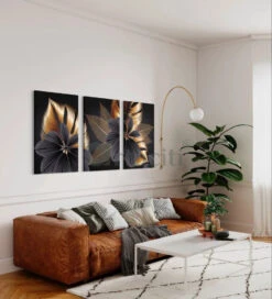Modern Abstract Canvas Painting Golden Black Leaves Set Of 3(Modern Abstract Canvas Painting Golden Black Leaves And Flowers Art Prints Set Of 3 Giclee Prints Ready To Hang) -Artociti Sale Store modern abstract canvas painting golden black leaves set of 3 219