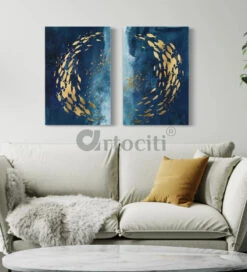 Modern Abstract Canvas Painting Ocean Abstract Fishes Set Of 2(Modern Abstract Canvas Painting Set Of 2 High Quality Giclee Print Gallery Wrapped Ready To Hang)