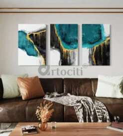 Modern Abstract Canvas Painting Teal And Black Set Of 3(Modern Abstract Canvas Painting Teal And Black Set Of 3)