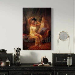 Nair Lady Adorning Her Hair By Raja Ravi Varma Famous Canvas Painting(Nair Lady Adorning Her Hair By Raja Ravi Varma Famous Canvas Painting) -Artociti Sale Store nair lady adorning her hair by raja ravi varma famous canvas painting 24x16 inch 308