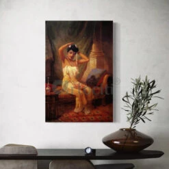Nair Lady Adorning Her Hair By Raja Ravi Varma Famous Canvas Painting(Nair Lady Adorning Her Hair By Raja Ravi Varma Famous Canvas Painting)