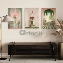 Pichwai Inspired Fort Palace Trio In Pastel Hues Set Of 3(Pichwai Inspired Fort Palace Trio 2 Sizes Set Of 3 Ready To Hang)