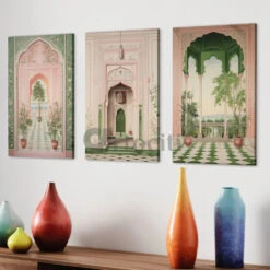 Pichwai Inspired Fort Palace Trio In Pastel Hues Set Of 3(Pichwai Inspired Fort Palace Trio 2 Sizes Set Of 3 Ready To Hang) 12 Pichwai Inspired Fort Palace Trio In Pastel Hues Set Of 3(Pichwai Inspired Fort Palace Trio 2 Sizes Set Of 3 Ready To Hang) -Artociti Sale Store pichwai inspired fort palace trio in pastel hues set of 3 30x20 inches painting 632