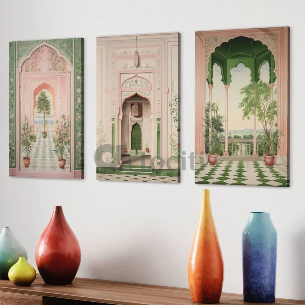 Pichwai Inspired Fort Palace Trio In Pastel Hues Set Of 3(Pichwai Inspired Fort Palace Trio 2 Sizes Set Of 3 Ready To Hang) 6 Pichwai Inspired Fort Palace Trio In Pastel Hues Set Of 3(Pichwai Inspired Fort Palace Trio 2 Sizes Set Of 3 Ready To Hang) - Image 4