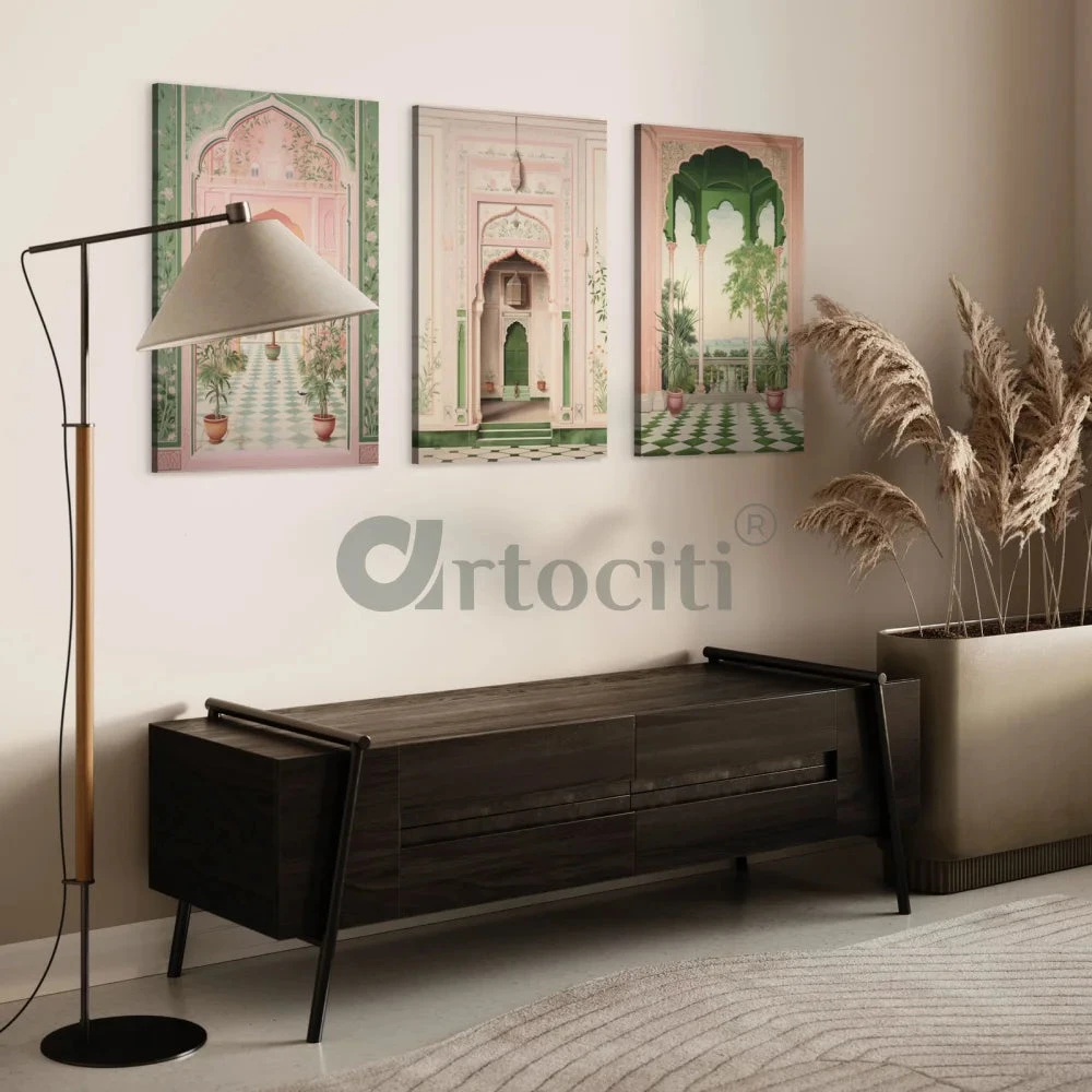 Pichwai Inspired Fort Palace Trio In Pastel Hues Set Of 3(Pichwai Inspired Fort Palace Trio 2 Sizes Set Of 3 Ready To Hang) 4 Pichwai Inspired Fort Palace Trio In Pastel Hues Set Of 3(Pichwai Inspired Fort Palace Trio 2 Sizes Set Of 3 Ready To Hang) - Image 2