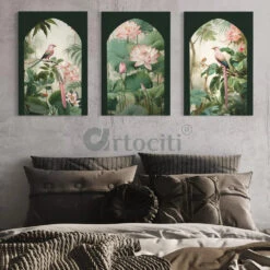 Pichwai Jungle Trio Canvas Set Of 3(Copy Of Indian Colourful Krishna Pichwai Wall Painting Set Of 3 High Quality Giclee Print Ready To Hang) -Artociti Sale Store pichwai jungle trio canvas set of 3 painting 397