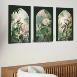 Pichwai Jungle Trio Canvas Set Of 3(Copy Of Indian Colourful Krishna Pichwai Wall Painting Set Of 3 High Quality Giclee Print Ready To Hang) -Artociti Sale Store pichwai jungle trio canvas set of 3 painting 428