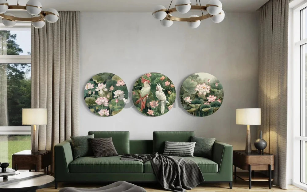 Pichwai Jungle Trio - Lotus & Bird Canvas Giclee Print (Set Of 3)(Pichwai Jungle Trio Round Set Of 3 Lotus Flower And Bird Duet Canvas Giclee Prints Canvas Wall Plates Round Canvas Wall Art) 3 Pichwai Jungle Trio - Lotus & Bird Canvas Giclee Print (Set Of 3)(Pichwai Jungle Trio Round Set Of 3 Lotus Flower And Bird Duet Canvas Giclee Prints Canvas Wall Plates Round Canvas Wall Art)
