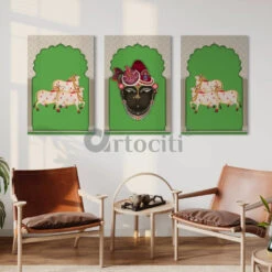 Pichwai Shrinath Ji Canvas Set With Cows And Elegance(Indianara Set Of 3 Shreenathji In Gokul With Cows Pichwai In Canvas Giclee Print)