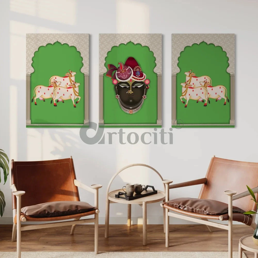 Pichwai Shrinath Ji Canvas Set With Cows And Elegance(Indianara Set Of 3 Shreenathji In Gokul With Cows Pichwai In Canvas Giclee Print) 3 Pichwai Shrinath Ji Canvas Set With Cows And Elegance(Indianara Set Of 3 Shreenathji In Gokul With Cows Pichwai In Canvas Giclee Print)