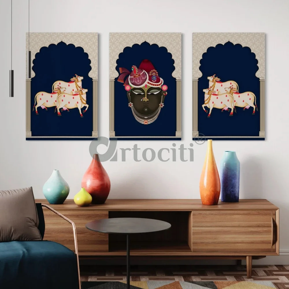 Pichwai Shrinath Ji Canvas Set With Cows And Elegance(Indianara Set Of 3 Shreenathji In Gokul With Cows Pichwai In Canvas Giclee Print) 4 Pichwai Shrinath Ji Canvas Set With Cows And Elegance(Indianara Set Of 3 Shreenathji In Gokul With Cows Pichwai In Canvas Giclee Print) - Image 2