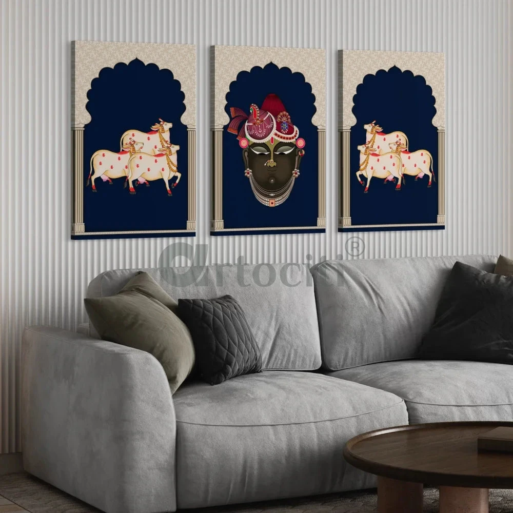 Pichwai Shrinath Ji Canvas Set With Cows And Elegance(Indianara Set Of 3 Shreenathji In Gokul With Cows Pichwai In Canvas Giclee Print) 8 Pichwai Shrinath Ji Canvas Set With Cows And Elegance(Indianara Set Of 3 Shreenathji In Gokul With Cows Pichwai In Canvas Giclee Print) - Image 6