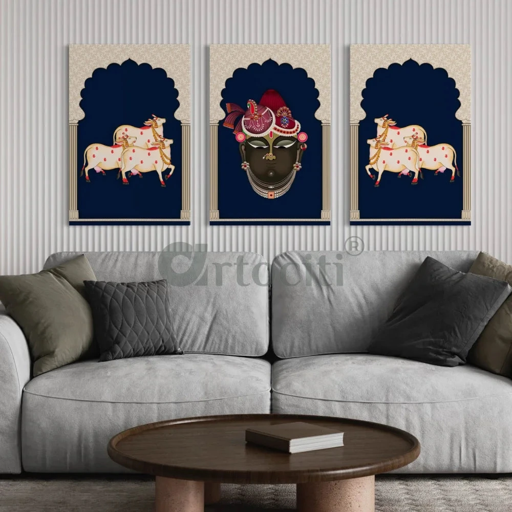 Pichwai Shrinath Ji Canvas Set With Cows And Elegance(Indianara Set Of 3 Shreenathji In Gokul With Cows Pichwai In Canvas Giclee Print) 7 Pichwai Shrinath Ji Canvas Set With Cows And Elegance(Indianara Set Of 3 Shreenathji In Gokul With Cows Pichwai In Canvas Giclee Print) - Image 5